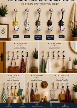 Multicolor Print On White Ceramic Knob With Metal Wall Hanger
