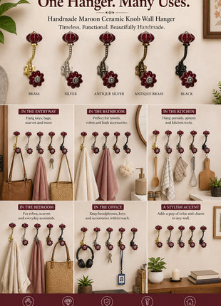 Stylish Maroon Handpainted Ceramic Drawer Knob With Metal Wall Hanger