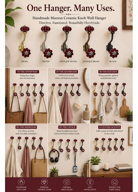 Stylish Maroon Handpainted Ceramic Drawer Knob With Metal Wall Hanger