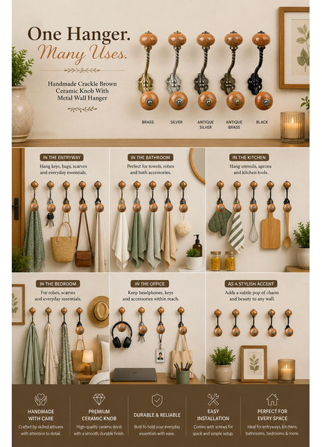 Crackle Brown Knob With Metal Wall Hanger