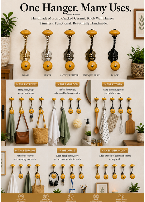 Mustard Cracked Knob With Metal Wall Hanger