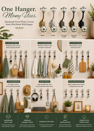Flower Shaped White Knob With Metal Wall Hanger