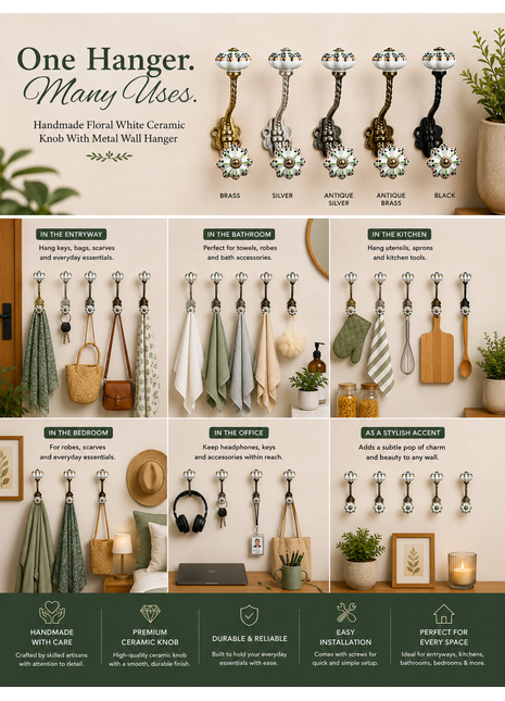 Flower Shaped White Knob With Metal Wall Hanger