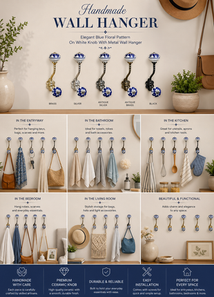 Elegant Blue Floral Pattern On White Knob With Metal Wall Hanger
