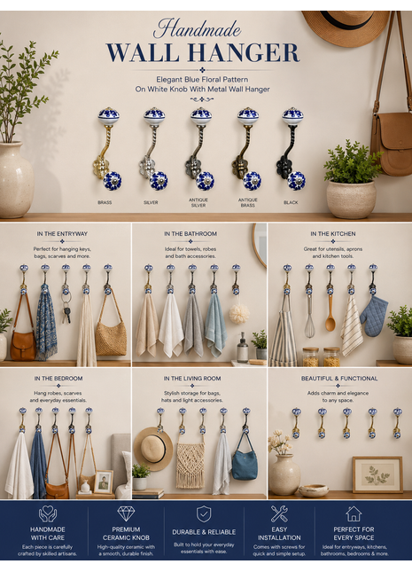 Elegant Blue Floral Pattern On White Knob With Metal Wall Hanger