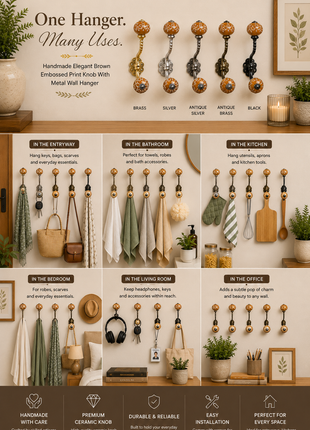 Brown Light Brown Embossed Design Knob With Metal Wall Hanger