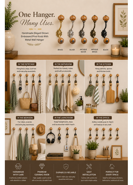 Brown Light Brown Embossed Design Knob With Metal Wall Hanger