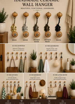 Brown Embossed Floral Design Knob With Metal Wall Hanger