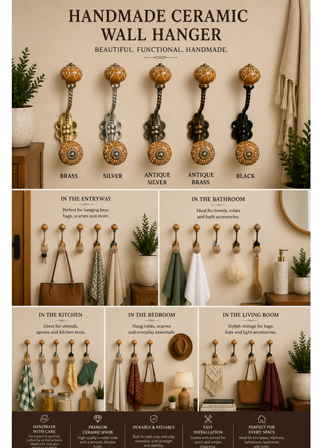 Brown Embossed Floral Design Knob With Metal Wall Hanger