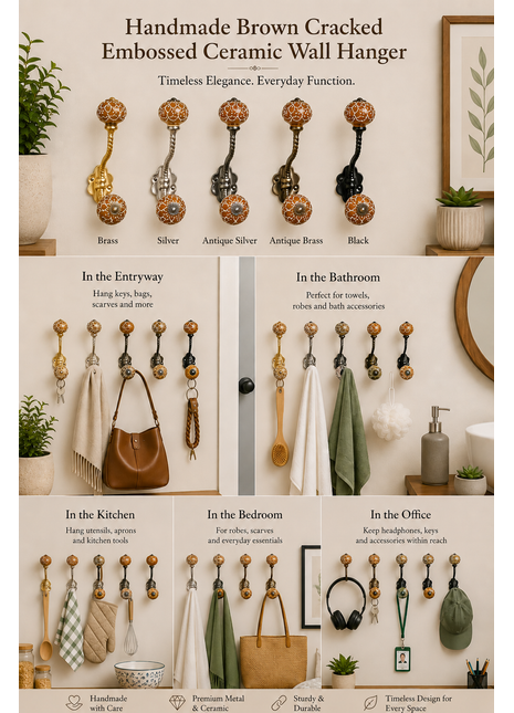 Brown Cracked Embossed Design Knob With Metal Wall Hanger