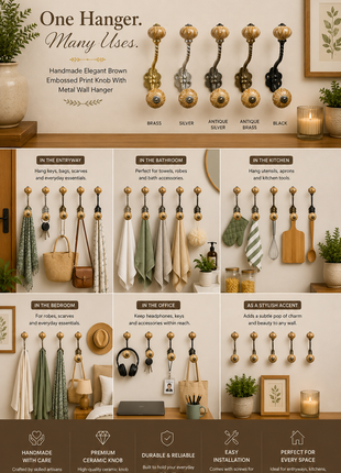 Elegant Brown Embossed Print Knob With Metal Wall Hanger