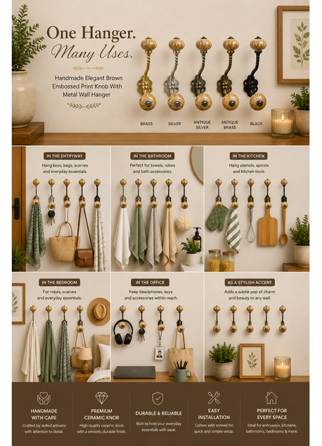Elegant Brown Embossed Print Knob With Metal Wall Hanger