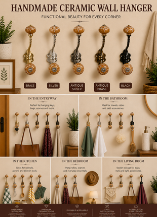 Brown Embossed Floral Design Knob With Metal Wall Hanger