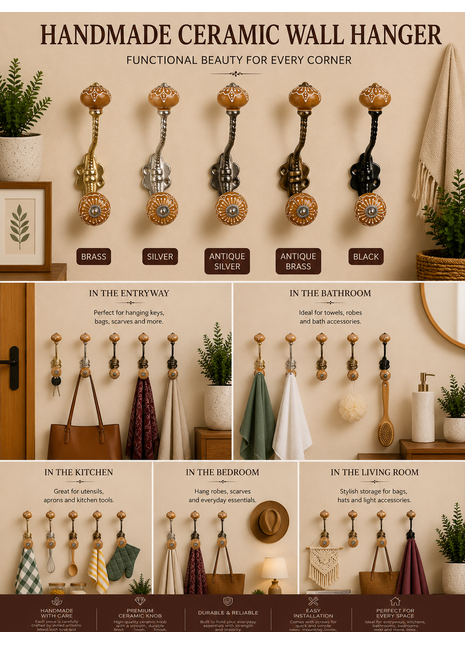Brown Embossed Floral Design Knob With Metal Wall Hanger