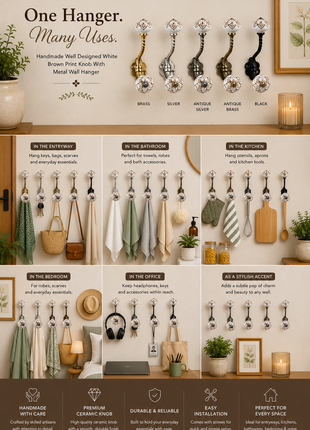 Well Designed White Brown Print Knob With Metal Wall Hanger