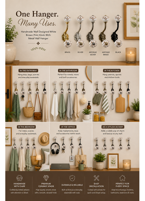 Well Designed White Brown Print Knob With Metal Wall Hanger