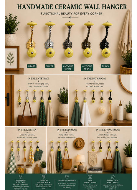 Yellow Cracked Round Knob With Metal Wall Hanger