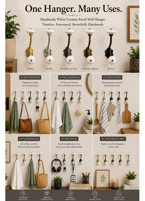 White Ceramic Knob With Metal Wall Hanger