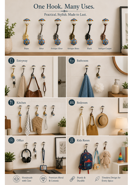 Multicolor Round Ceramic Knob With Metal Wall Hanger