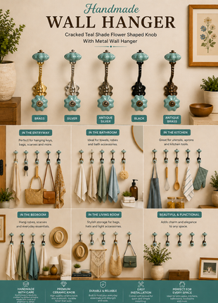 Cracked Teal Shade Flower Shaped Knob With Metal Wall Hanger