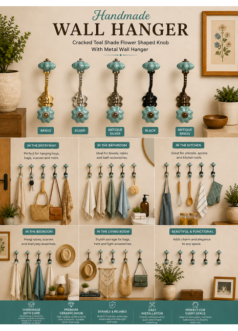 Cracked Teal Shade Flower Shaped Knob With Metal Wall Hanger