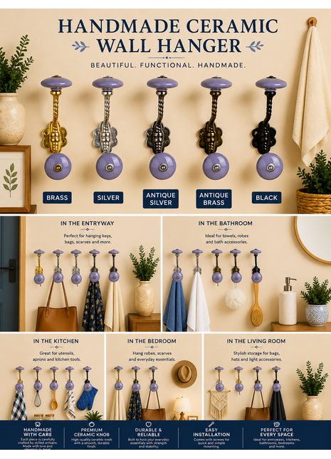 Stylish Light Purple Ceramic Knob Metal Wall Hanger