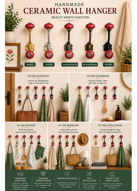 Amazing Ceramic Metal Wall Hanger With Ceramic Maroon Knob