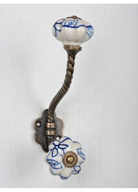 Blue Design On White Ceramic Cabinet Knob With Metal Wall Hanger