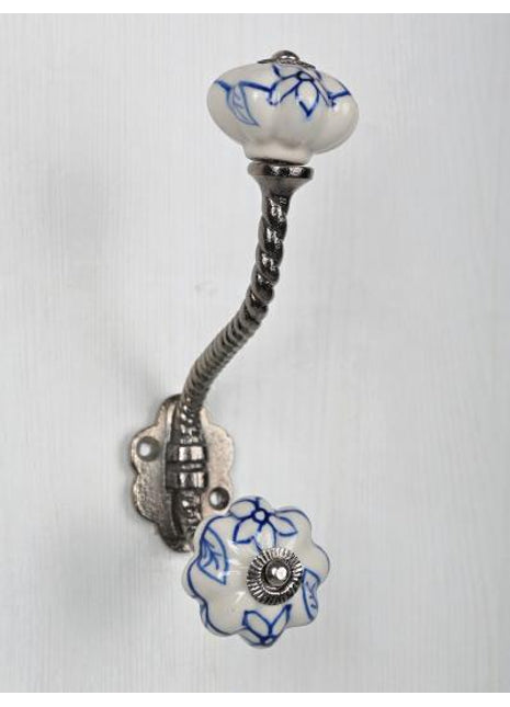 Blue Design On White Ceramic Cabinet Knob With Metal Wall Hanger