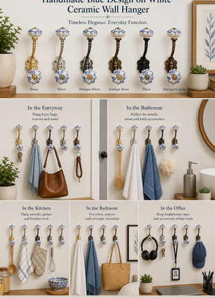Blue Design On White Ceramic Cabinet Knob With Metal Wall Hanger