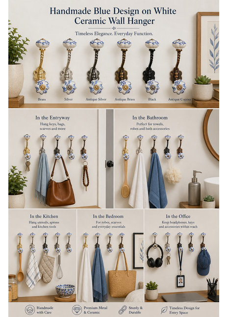 Blue Design On White Ceramic Cabinet Knob With Metal Wall Hanger