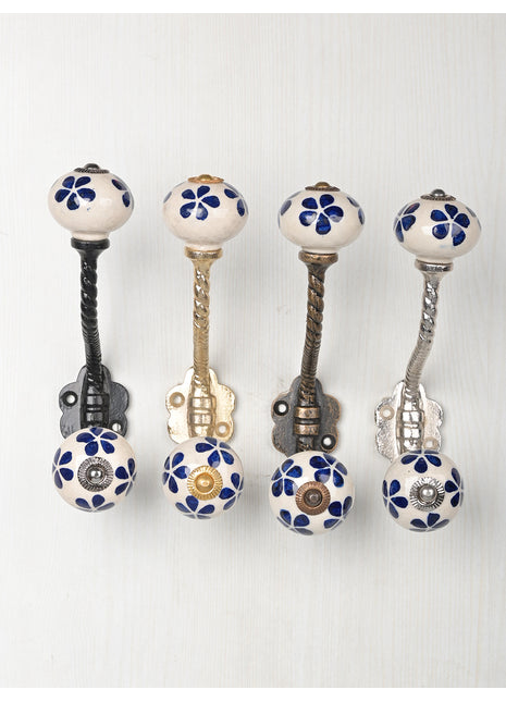 Blue Flower design On White Base Ceramic Knob With Metal Wall Hanger