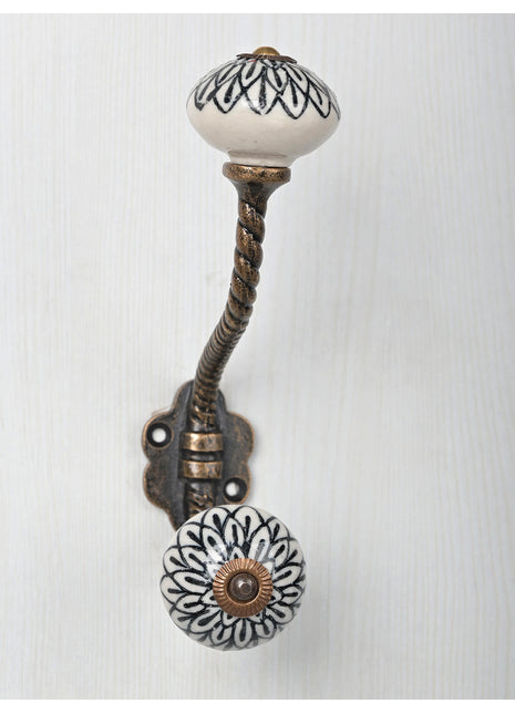 Black Design On White Ceramic Cabinet Knob With Metal Wall Hanger
