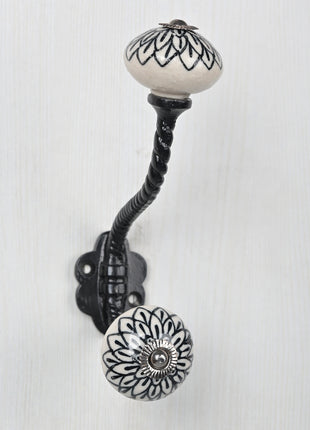 Black Design On White Ceramic Cabinet Knob With Metal Wall Hanger