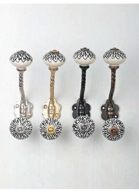Black Design On White Ceramic Cabinet Knob With Metal Wall Hanger