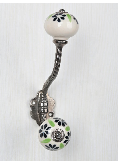 Black Flower On White Ceramic Cabinet Knob With Metal Wall Hanger