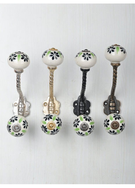 Black Flower On White Ceramic Cabinet Knob With Metal Wall Hanger