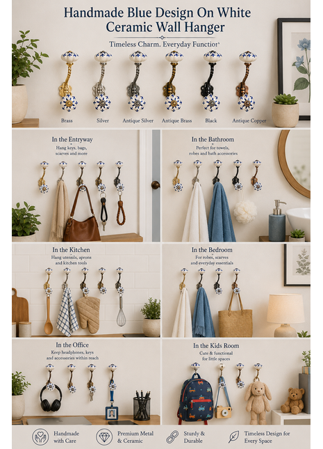 Blue Design On White Ceramic Cabinet Knob With Metal Wall Hanger