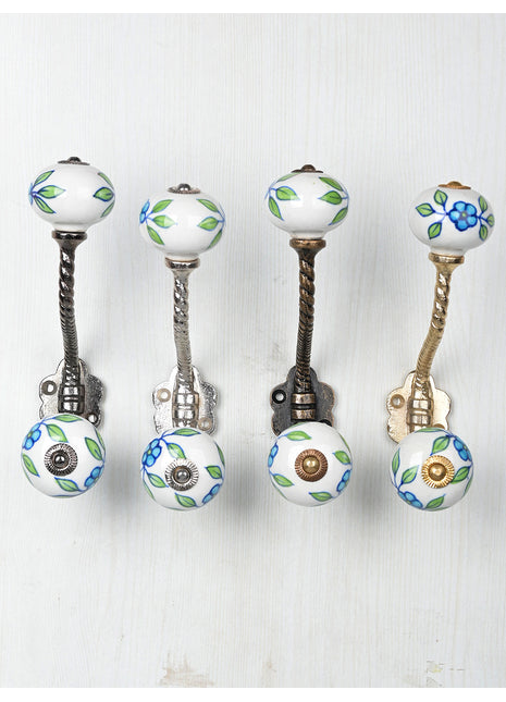 Turquoise Flower On White Ceramic Cabinet Knob With Metal Wall Hanger
