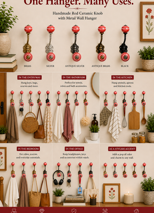 Red Color Ceramic Cabinet Knob with Metal Wall Hanger