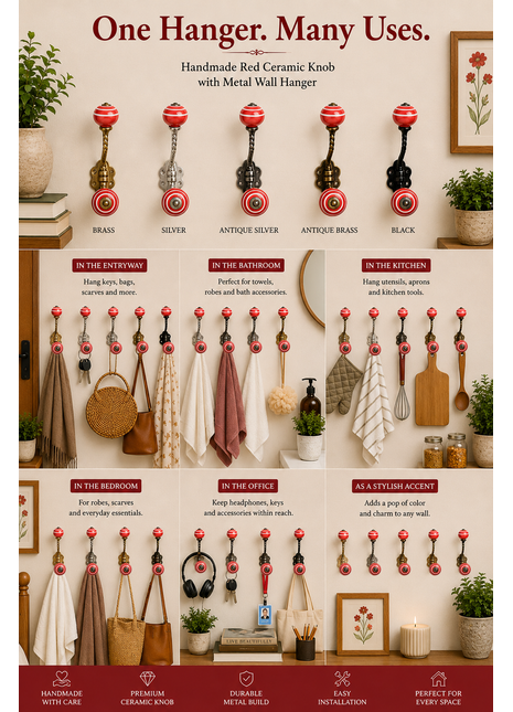 Red Color Ceramic Cabinet Knob with Metal Wall Hanger