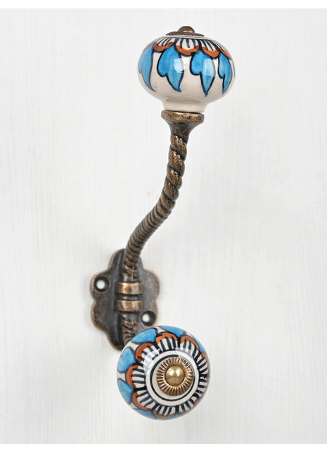 Turquoise and Brown Ceramic Cabinet Knob With Metal Wall Hange