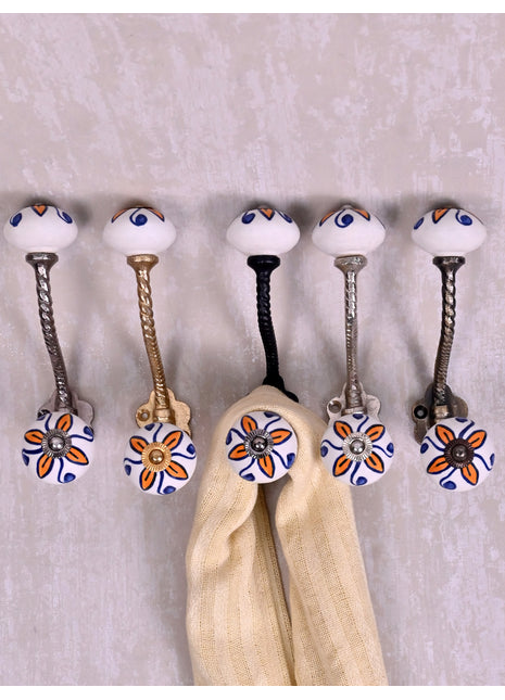 Yellow Flower and Blue Dots Ceramic Knob With Metal Wall Hanger