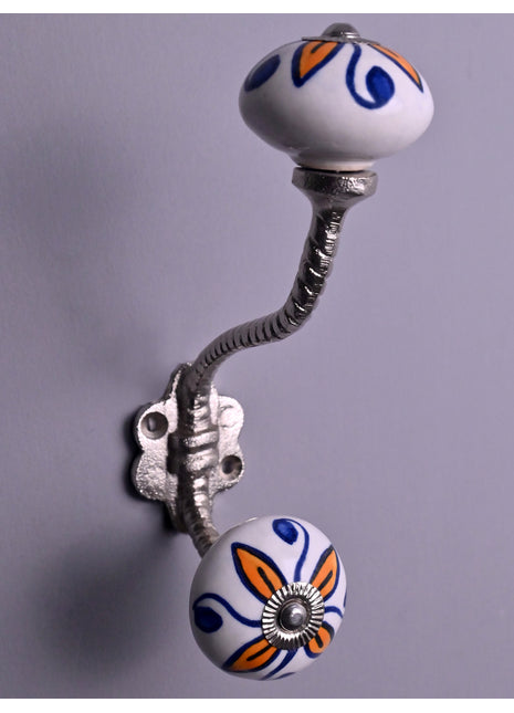 Yellow Flower and Blue Dots Ceramic Knob With Metal Wall Hanger