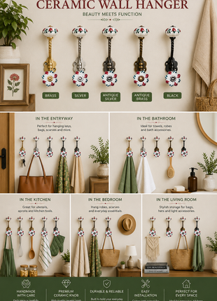 Red and Green Design on White Ceramic Cabinet Knob With Metal Wall Hanger