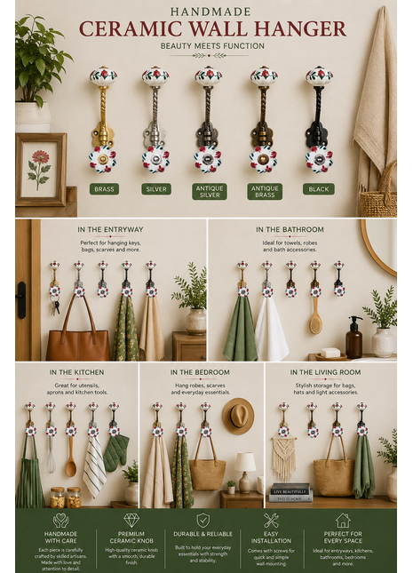 Red and Green Design on White Ceramic Cabinet Knob With Metal Wall Hanger
