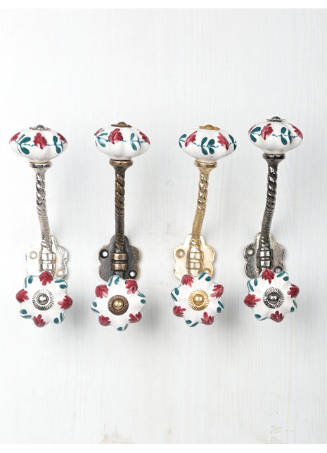 Red and Green Design on White Ceramic Cabinet Knob With Metal Wall Hanger