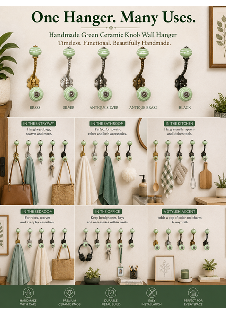 Green Color Ceramic Cebinet Knob With Metal Wall Hanger
