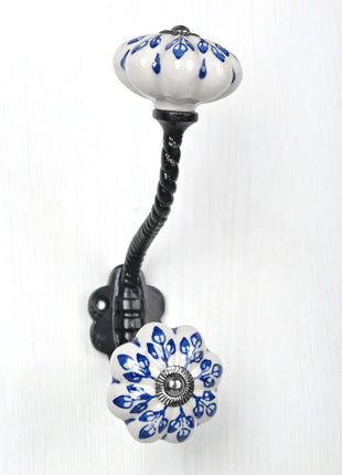 Blue Flower design On White Base Ceramic Knob With Metal Wall Hanger