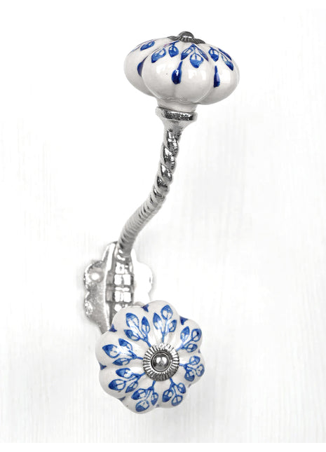 Blue Flower design On White Base Ceramic Knob With Metal Wall Hanger